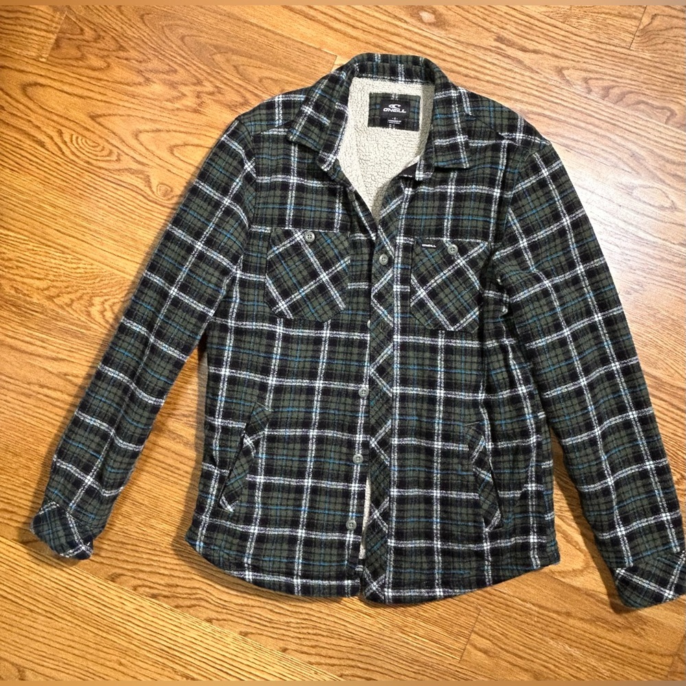 O'Neill Sherpa Lined Plaid Flannel Insulated‎ Shirt Jacket Men Small Blue Green